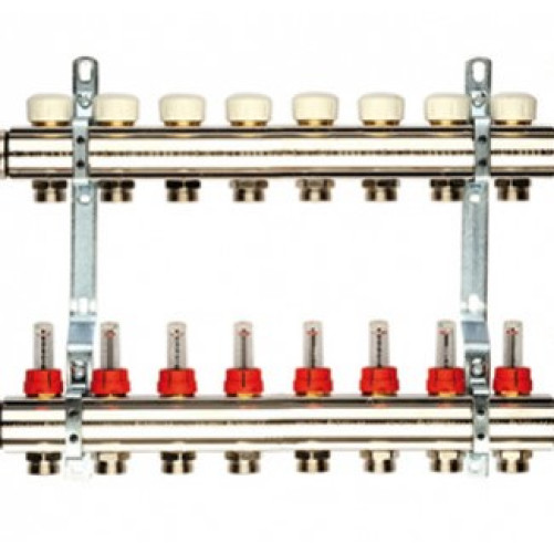 Распределительный коллектор гребенка  с расходометрами для теплого пола  1" на  8 выходов 3/4" (никель)  General Fittings Италия 650071N100508A